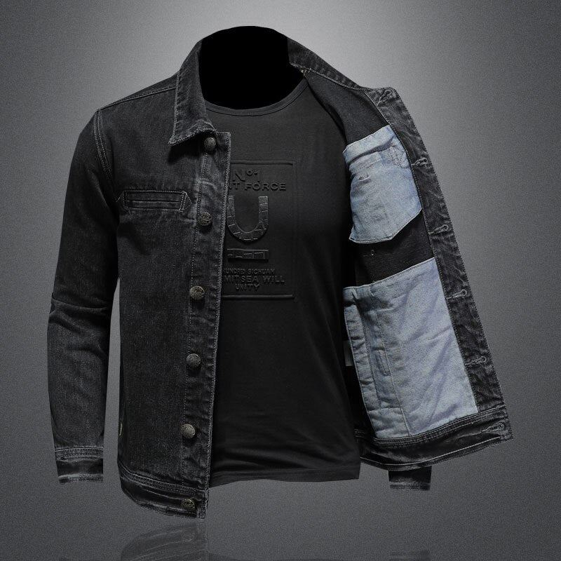 Veste En Jean Pour Hommes Manteau En Denim Bombardier D'automne Moto Simple Décontracté Revers Manches Longues Slim Noir Vêtements De Cowboy - Noir