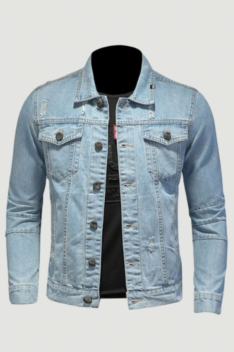 Veste En Jean Pour Hommes Manteaux En Manches Longues Revers Simple Boutonnage Slim Moto Bombardier Bleu Clair Vêtements D'extérieur Décontractés