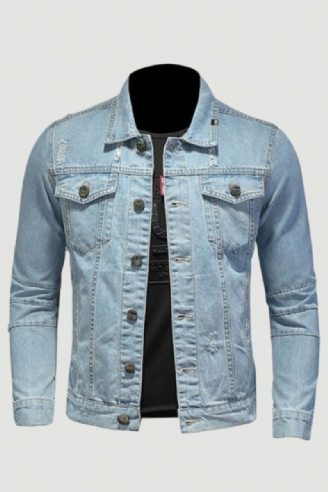 Veste En Jean Pour Hommes Manteaux En Manches Longues Revers Simple Boutonnage Slim Moto Bombardier Bleu Clair Vêtements D'extérieur Décontractés