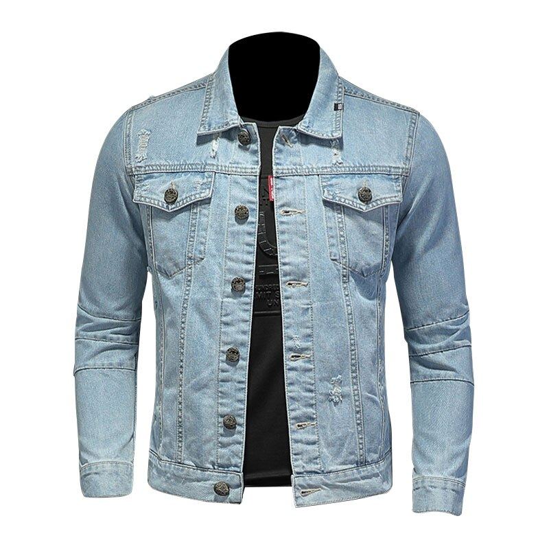 Veste En Jean Pour Hommes Manteaux En Manches Longues Revers Simple Boutonnage Slim Moto Bombardier Bleu Clair Vêtements D'extérieur Décontractés - Bleu Ciel