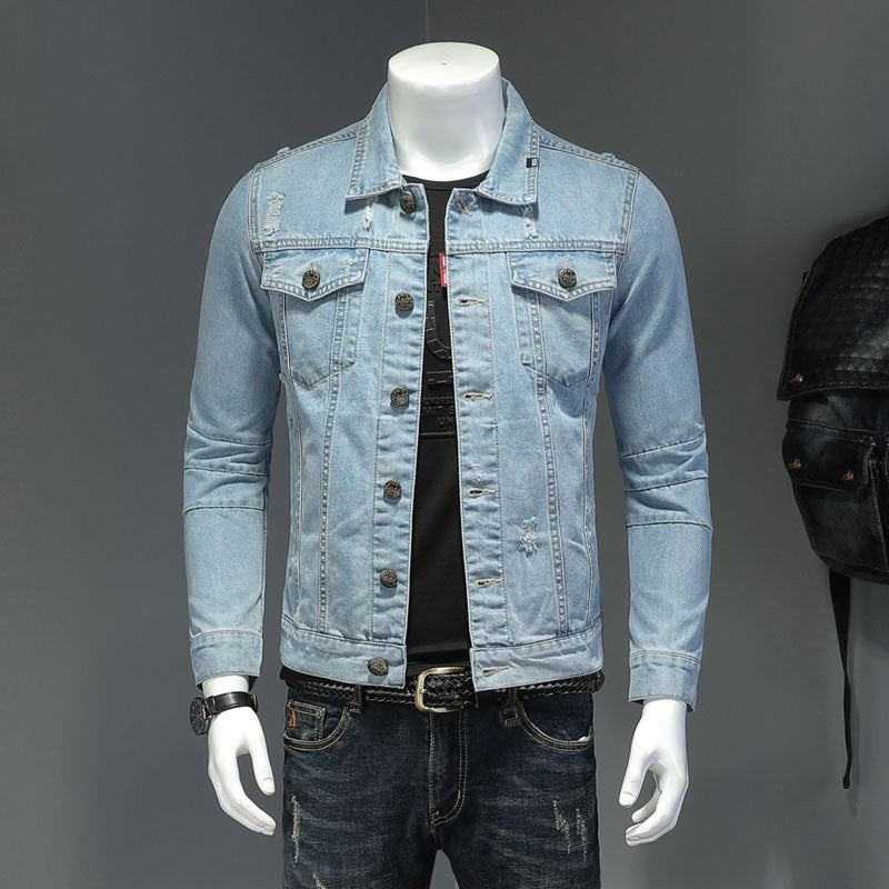 Veste En Jean Pour Hommes Manteaux En Manches Longues Revers Simple Boutonnage Slim Moto Bombardier Bleu Clair Vêtements D'extérieur Décontractés - Bleu Ciel