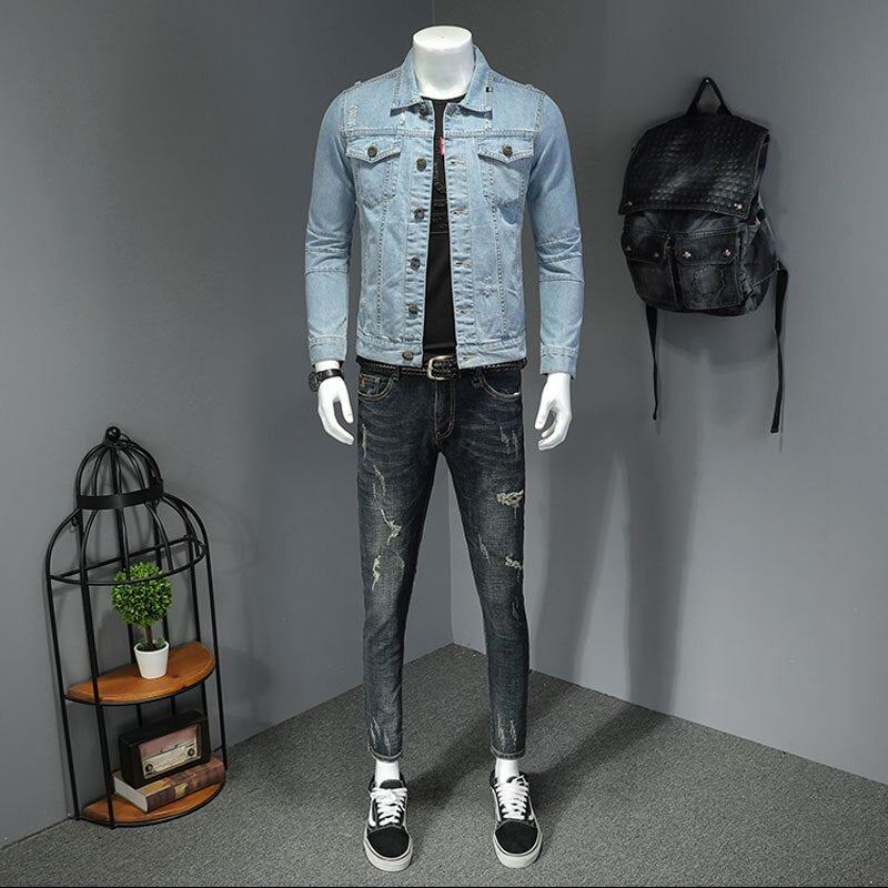 Veste En Jean Pour Hommes Manteaux En Manches Longues Revers Simple Boutonnage Slim Moto Bombardier Bleu Clair Vêtements D'extérieur Décontractés - Bleu Ciel