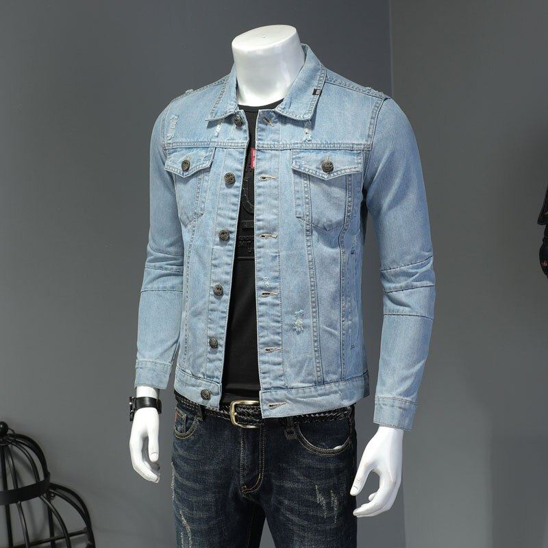 Veste En Jean Pour Hommes Manteaux En Manches Longues Revers Simple Boutonnage Slim Moto Bombardier Bleu Clair Vêtements D'extérieur Décontractés - Bleu Ciel