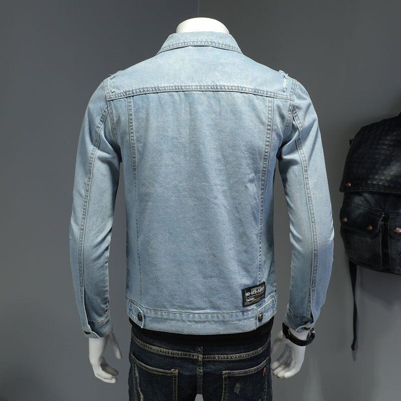 Veste En Jean Pour Hommes Manteaux En Manches Longues Revers Simple Boutonnage Slim Moto Bombardier Bleu Clair Vêtements D'extérieur Décontractés - Bleu Ciel