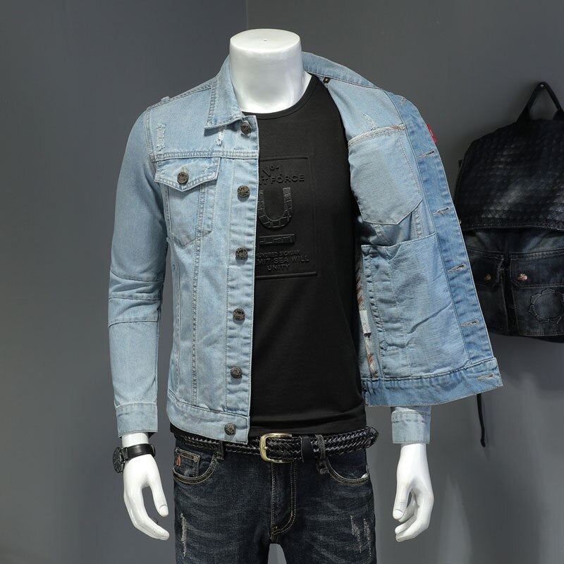 Veste En Jean Pour Hommes Manteaux En Manches Longues Revers Simple Boutonnage Slim Moto Bombardier Bleu Clair Vêtements D'extérieur Décontractés - Bleu Ciel