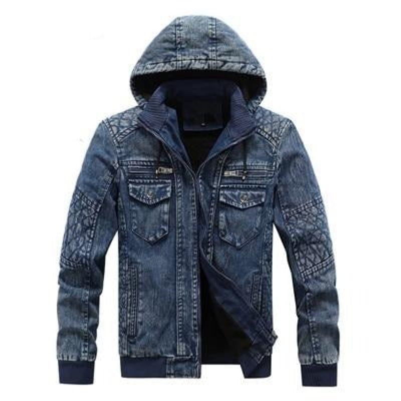 Veste En Jean Pour Hommes Tendance Sweat À Capuche Décontracté Polaire Chaud Coupe-vent Manteaux De Cowboy Vêtements - Un Jean Bleu