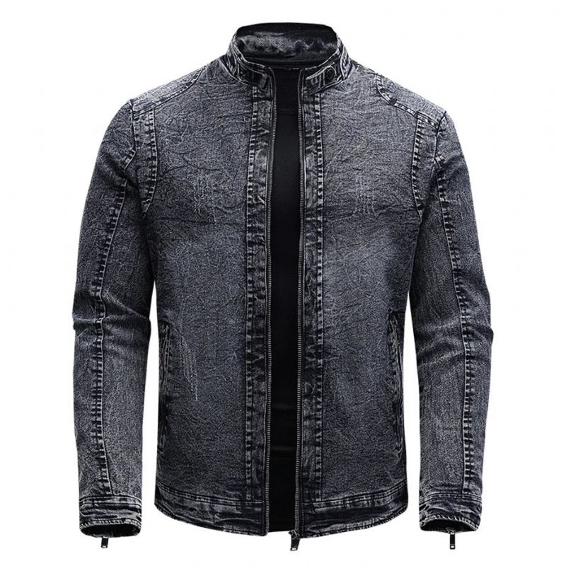 Veste En Jean Noir Hommes Automne Hiver Vestes Polaire Manteaux Coupe Ajustée Décontracté Moto Biker Denim Manteau Vêtement D'extérieur Pour Homme - Noir