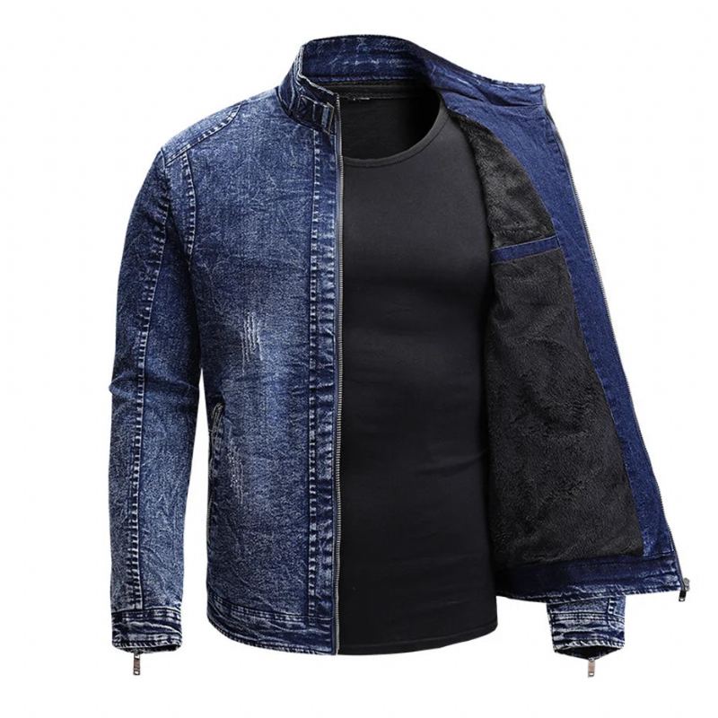 Veste En Jean Noir Hommes Automne Hiver Vestes Polaire Manteaux Coupe Ajustée Décontracté Moto Biker Denim Manteau Vêtement D'extérieur Pour Homme - Noir