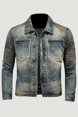 Veste En Jean Rétro Pour Hommes Manteau En Denim Bombardier D'automne Moto Revers Décontracté Manches Longues Broderie Vêtements Slim