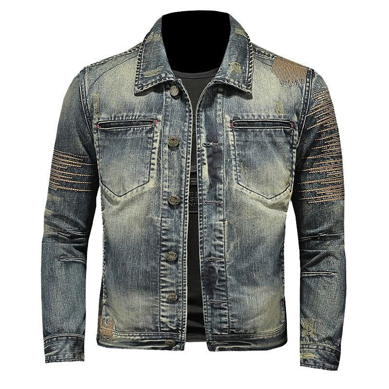 Veste En Jean Rétro Pour Hommes Manteau En Denim Bombardier D'automne Moto Revers Décontracté Manches Longues Broderie Vêtements Slim - Un Jean Bleu