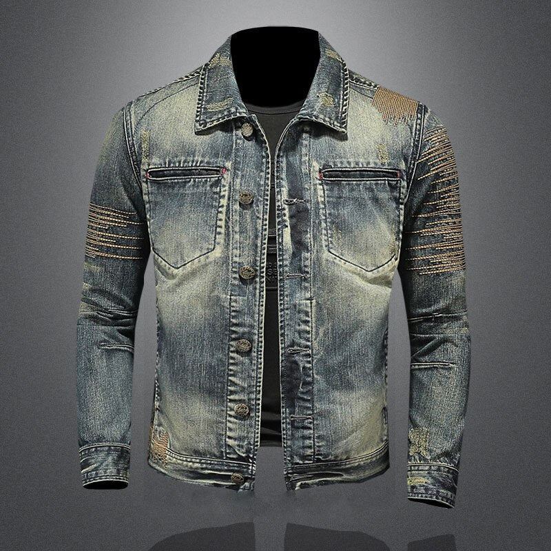 Veste En Jean Rétro Pour Hommes Manteau En Denim Bombardier D'automne Moto Revers Décontracté Manches Longues Broderie Vêtements Slim - Un Jean Bleu