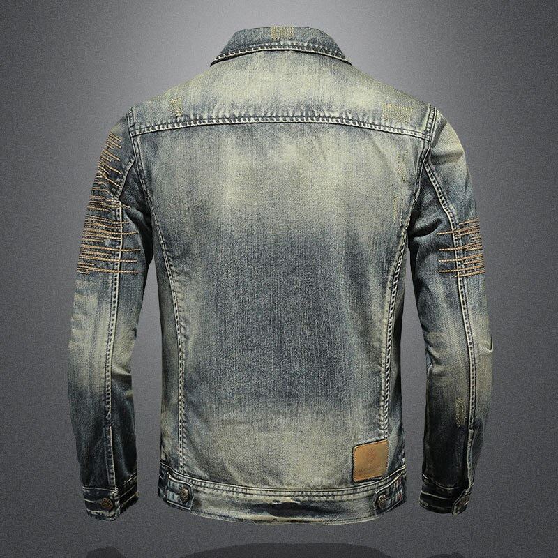 Veste En Jean Rétro Pour Hommes Manteau En Denim Bombardier D'automne Moto Revers Décontracté Manches Longues Broderie Vêtements Slim - Un Jean Bleu