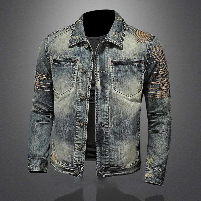 Veste En Jean Rétro Pour Hommes Manteau En Denim Bombardier D'automne Moto Revers Décontracté Manches Longues Broderie Vêtements Slim - Un Jean Bleu