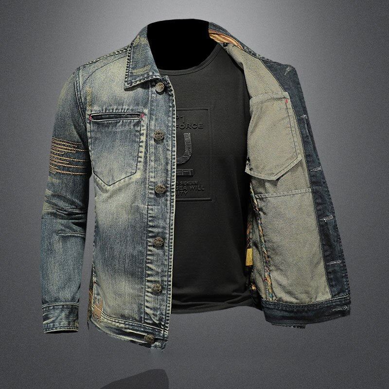 Veste En Jean Rétro Pour Hommes Manteau En Denim Bombardier D'automne Moto Revers Décontracté Manches Longues Broderie Vêtements Slim - Un Jean Bleu