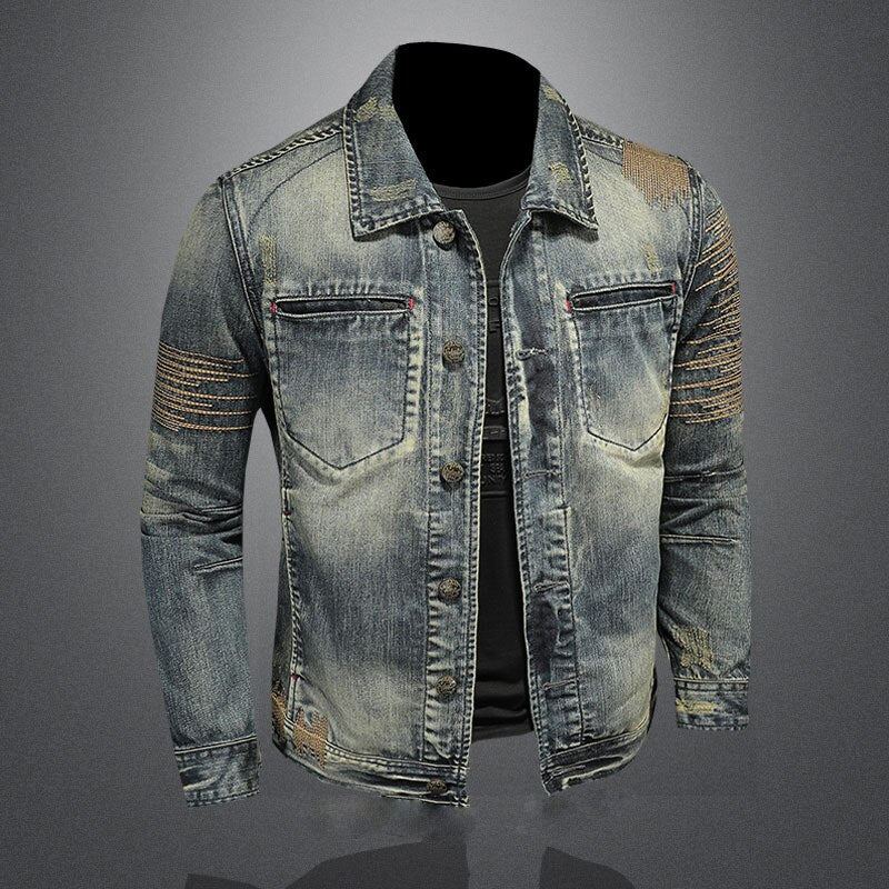 Veste En Jean Rétro Pour Hommes Manteau En Denim Bombardier D'automne Moto Revers Décontracté Manches Longues Broderie Vêtements Slim - Un Jean Bleu