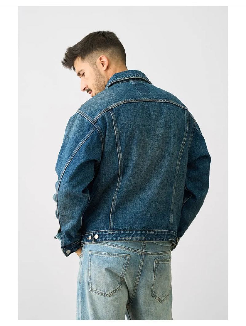 Veste En Jean De Style Occidental Pour Hommes Manteaux De Camionneur Vintage Délavés Design Froncé Printemps - Bleu