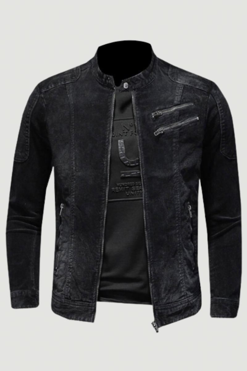 Veste En Jean En Velours Côtelé Pour Hommes Manteau En Denim Bomber Moto Col Montant À Manches Longues Slim Street Noir Cowboy Vêtements D'extérieur