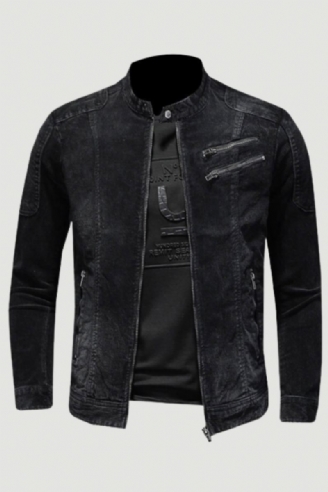 Veste En Jean En Velours Côtelé Pour Hommes Manteau En Denim Bomber Moto Col Montant À Manches Longues Slim Street Noir Cowboy Vêtements D'extérieur