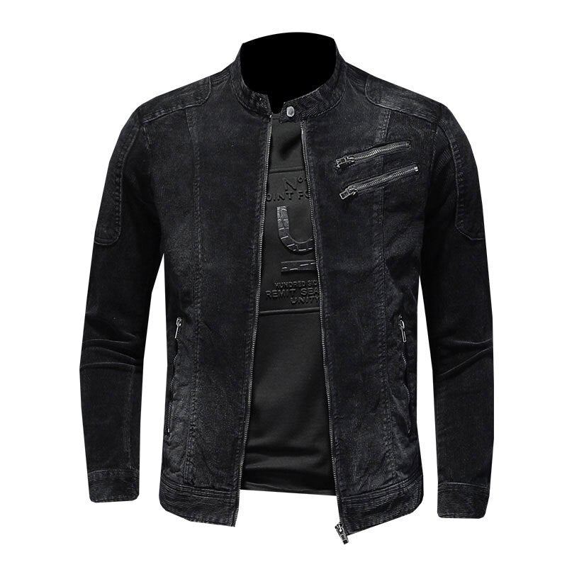 Veste En Jean En Velours Côtelé Pour Hommes Manteau En Denim Bomber Moto Col Montant À Manches Longues Slim Street Noir Cowboy Vêtements D'extérieur - Noir