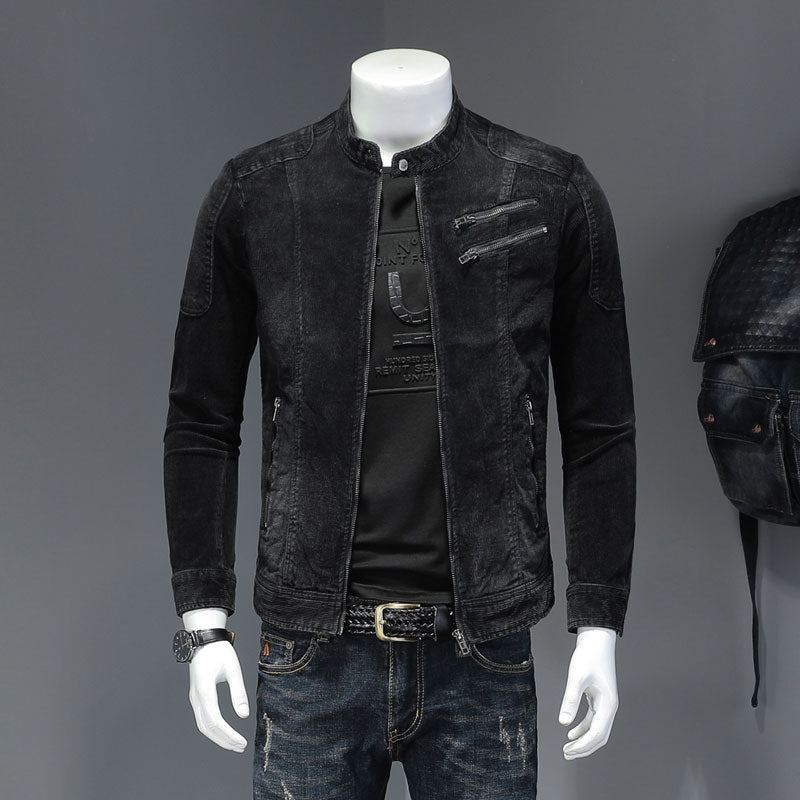 Veste En Jean En Velours Côtelé Pour Hommes Manteau En Denim Bomber Moto Col Montant À Manches Longues Slim Street Noir Cowboy Vêtements D'extérieur - Noir