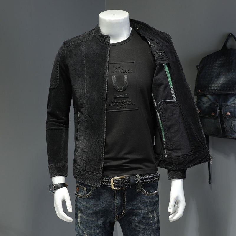 Veste En Jean En Velours Côtelé Pour Hommes Manteau En Denim Bomber Moto Col Montant À Manches Longues Slim Street Noir Cowboy Vêtements D'extérieur - Noir