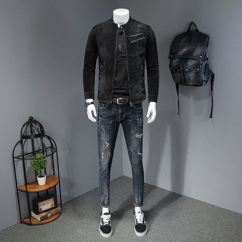 Veste En Jean En Velours Côtelé Pour Hommes Manteau En Denim Bomber Moto Col Montant À Manches Longues Slim Street Noir Cowboy Vêtements D'extérieur - Noir