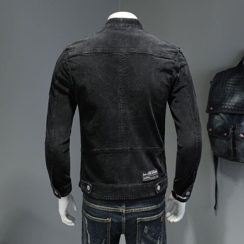 Veste En Jean En Velours Côtelé Pour Hommes Manteau En Denim Bomber Moto Col Montant À Manches Longues Slim Street Noir Cowboy Vêtements D'extérieur - Noir