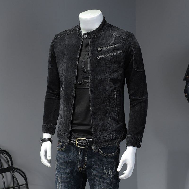 Veste En Jean En Velours Côtelé Pour Hommes Manteau En Denim Bomber Moto Col Montant À Manches Longues Slim Street Noir Cowboy Vêtements D'extérieur - Noir