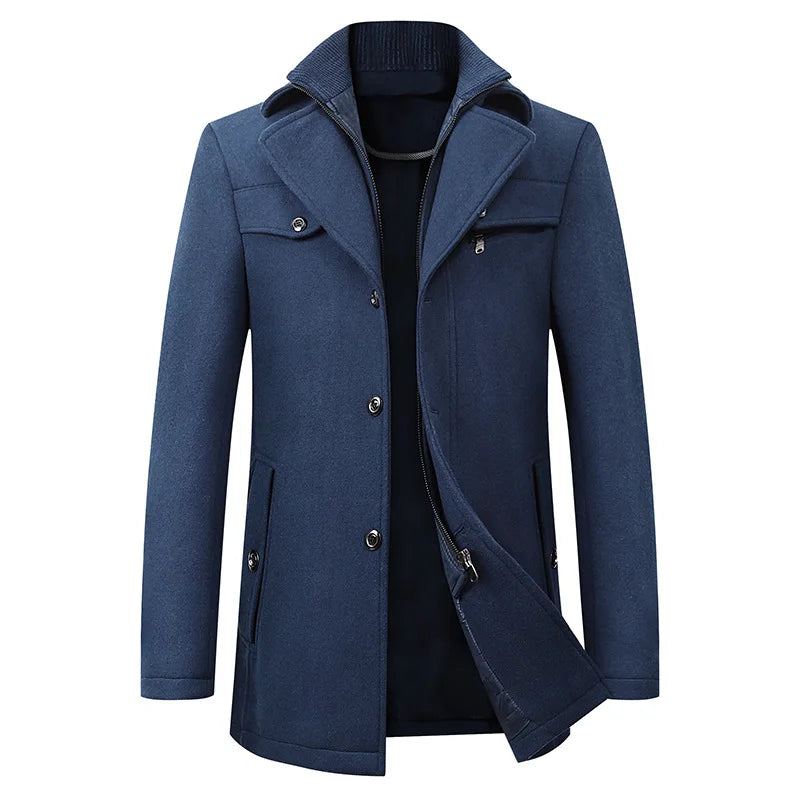 Veste En Laine Pour Hommes Hiver Automne Long Coupe-vent Manteau En Décontracté Épais Cintrée Mâle - Noir