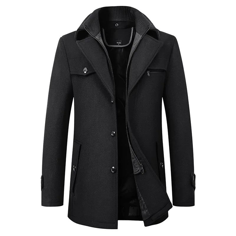 Veste En Laine Pour Hommes Hiver Automne Long Coupe-vent Manteau En Décontracté Épais Cintrée Mâle - Noir