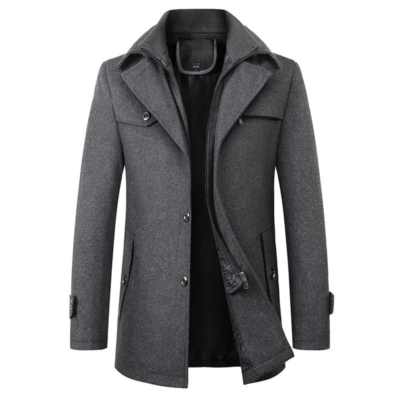 Veste En Laine Pour Hommes Hiver Automne Long Coupe-vent Manteau En Décontracté Épais Cintrée Mâle - Noir