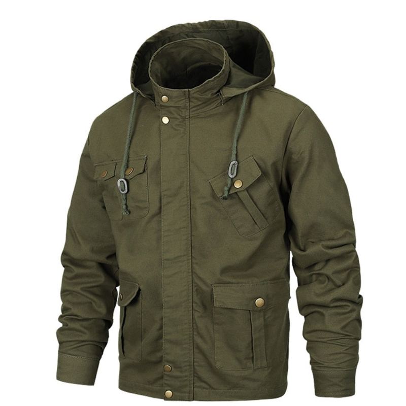 Veste Militaire Hommes À Capuche Coton Pilote Manteau Armée Bomber Vestes Cargo Vol Mâle - Noir