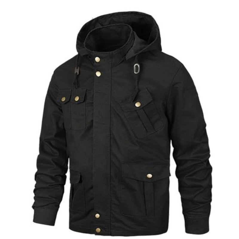 Veste Militaire Hommes À Capuche Coton Pilote Manteau Armée Bomber Vestes Cargo Vol Mâle - Noir