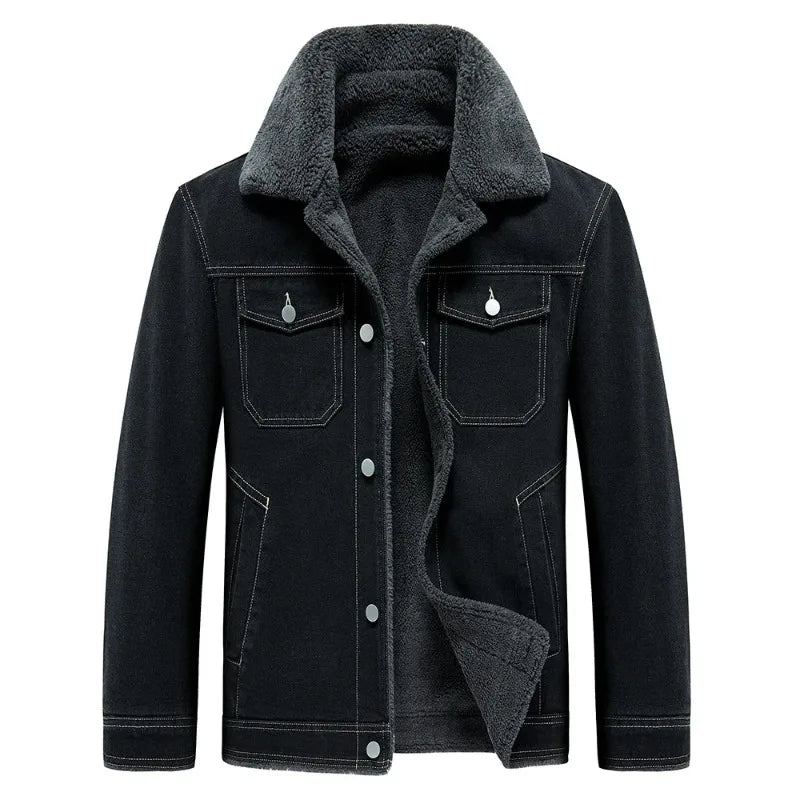 Veste Polaire En Denim Pour Hommes Coupe-vent Épais Et Chaud Manteaux De Cowboy Multi-poches Extérieur Décontracté Pardessus Ample Hiver - Noir