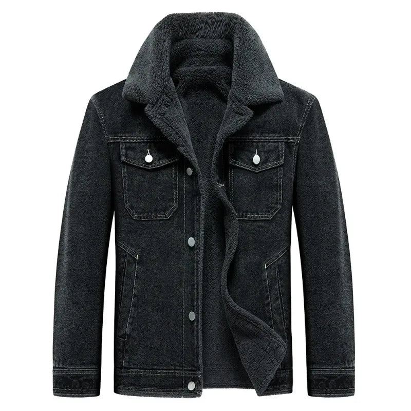 Veste Polaire En Denim Pour Hommes Coupe-vent Épais Et Chaud Manteaux De Cowboy Multi-poches Extérieur Décontracté Pardessus Ample Hiver - Noir