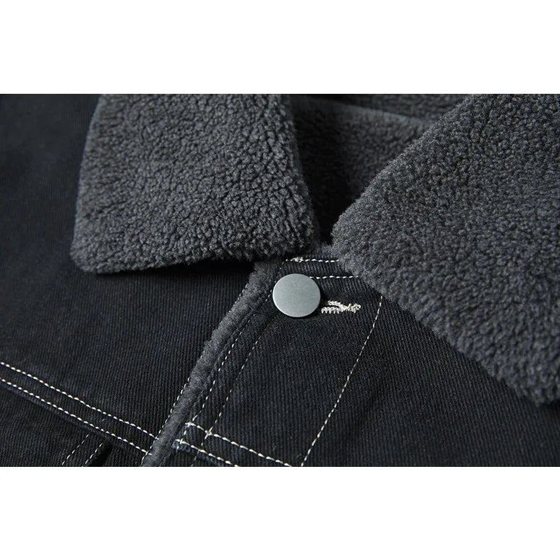 Veste Polaire En Denim Pour Hommes Coupe-vent Épais Et Chaud Manteaux De Cowboy Multi-poches Extérieur Décontracté Pardessus Ample Hiver - Noir