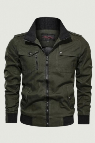 Veste Solide Décontractée Avec Poche Zippée Et Col Montant Pour Homme Manteau Fin En Pur Coton Automne