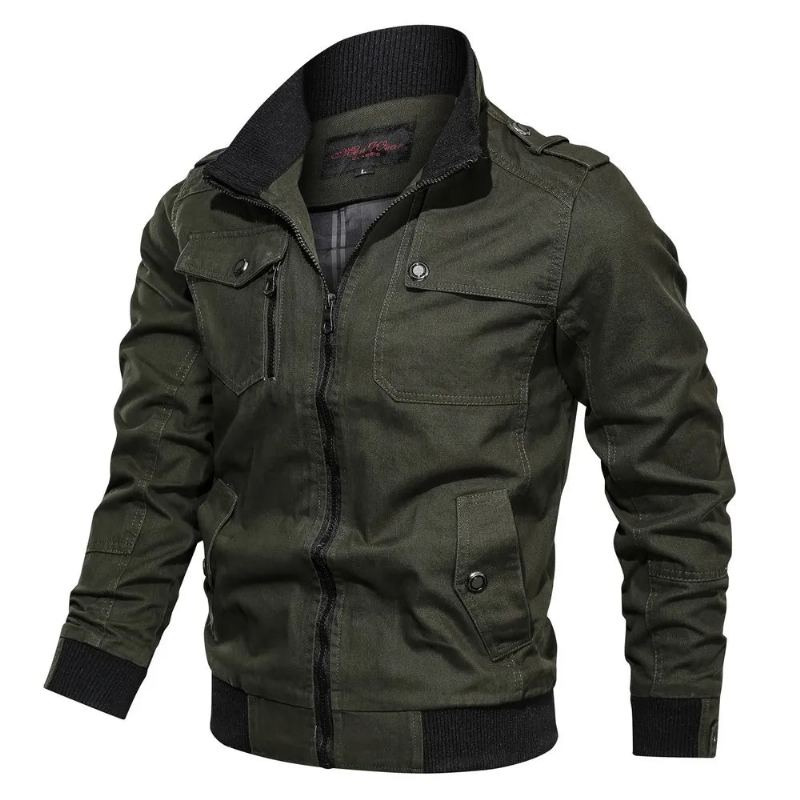 Veste Solide Décontractée Avec Poche Zippée Et Col Montant Pour Homme Manteau Fin En Pur Coton Automne - Noir