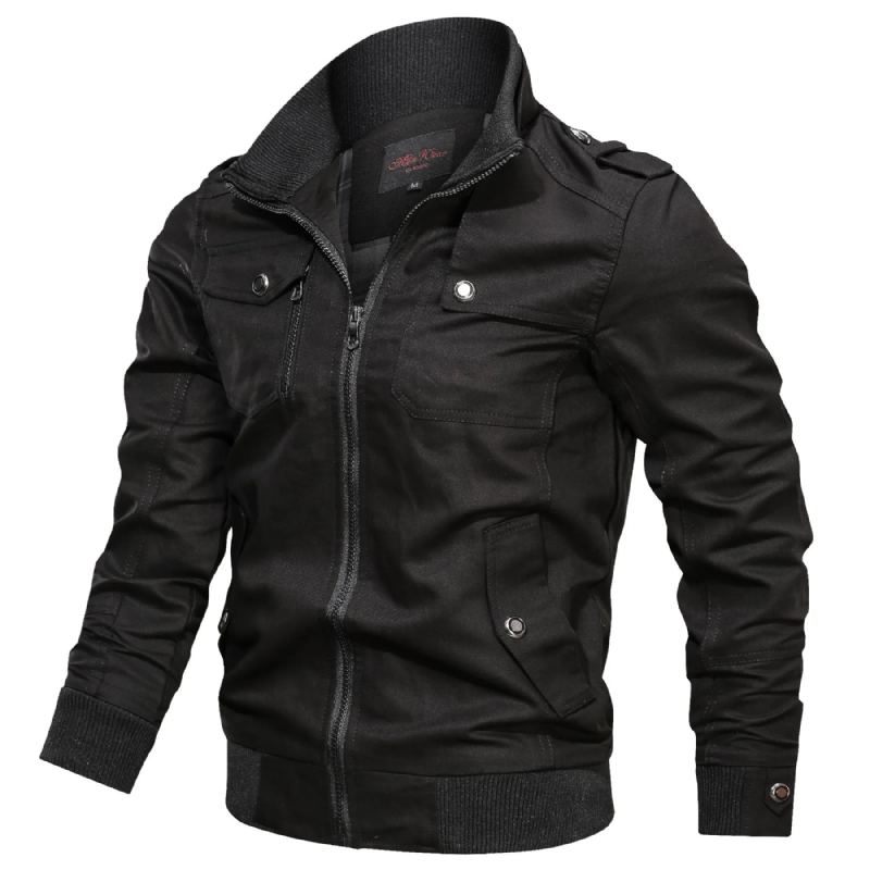 Veste Solide Décontractée Avec Poche Zippée Et Col Montant Pour Homme Manteau Fin En Pur Coton Automne - Noir