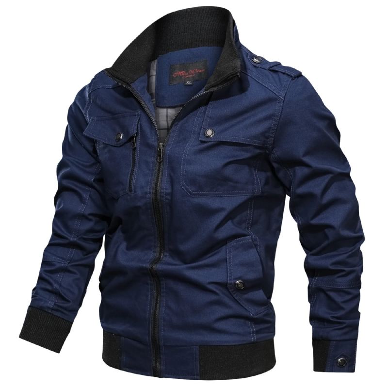 Veste Solide Décontractée Avec Poche Zippée Et Col Montant Pour Homme Manteau Fin En Pur Coton Automne - Noir