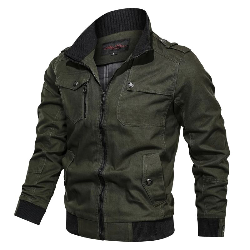 Veste Solide Décontractée Avec Poche Zippée Et Col Montant Pour Homme Manteau Fin En Pur Coton Automne - Noir