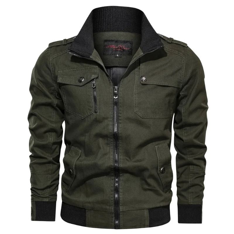 Veste Solide Décontractée Avec Poche Zippée Et Col Montant Pour Homme Manteau Fin En Pur Coton Automne - Noir