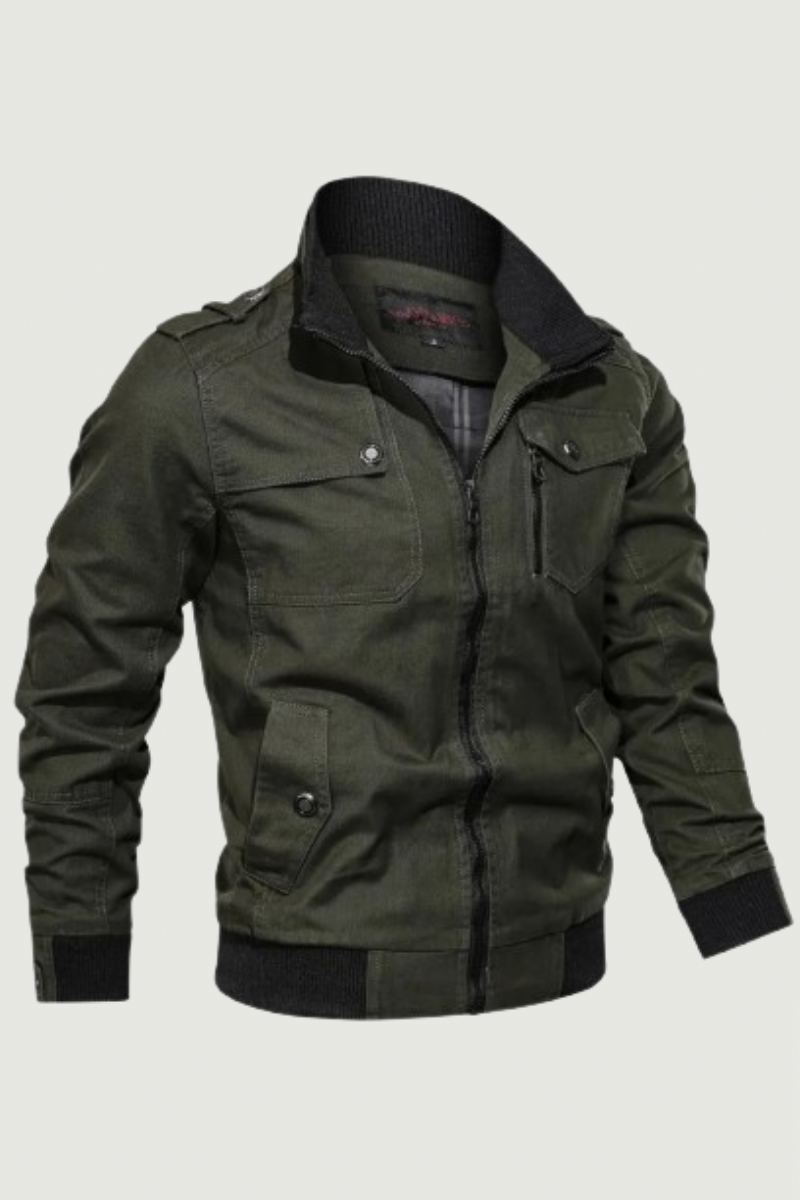 Veste Solide Décontractée Avec Poche Zippée Et Col Montant Pour Homme Manteau Fin En Pur Coton Automne - Noir