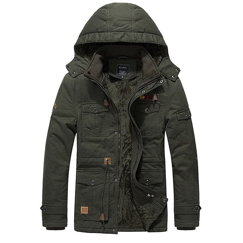 Veste Thermique Militaire D'hiver Pour Hommes Manteaux Parkas De Pilote De L'armée Épais Et Chauds Vêtements D'extérieur Multi-poches De Bombardier Polaire À Capuche - Noir