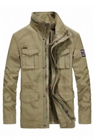 Vestes En Denim De Coton Pour Hommes Long Col Montant Manteau Décontracté Multi-poches Coupe-vent Militaire