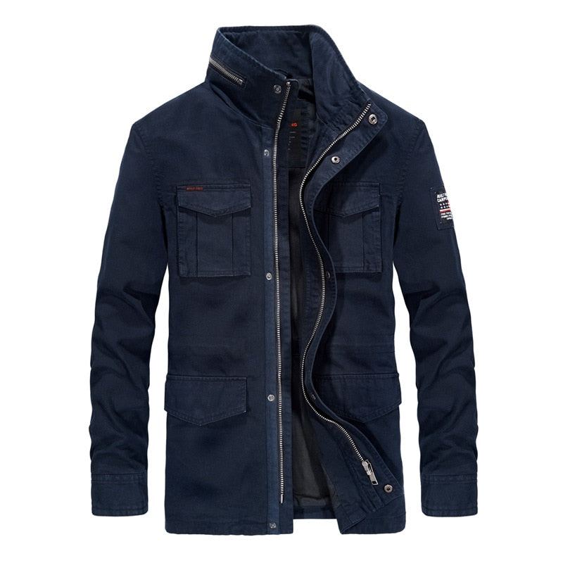 Vestes En Denim De Coton Pour Hommes Long Col Montant Manteau Décontracté Multi-poches Coupe-vent Militaire - 58171 Kaki