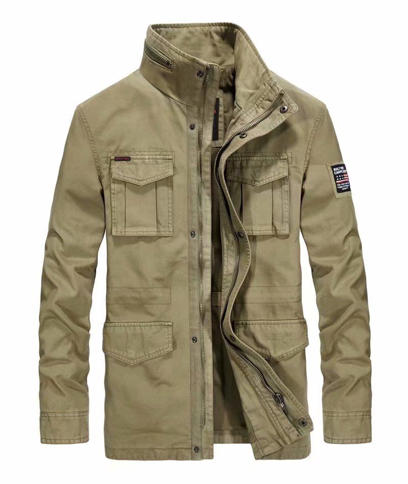 Vestes En Denim De Coton Pour Hommes Long Col Montant Manteau Décontracté Multi-poches Coupe-vent Militaire - 58171 Kaki