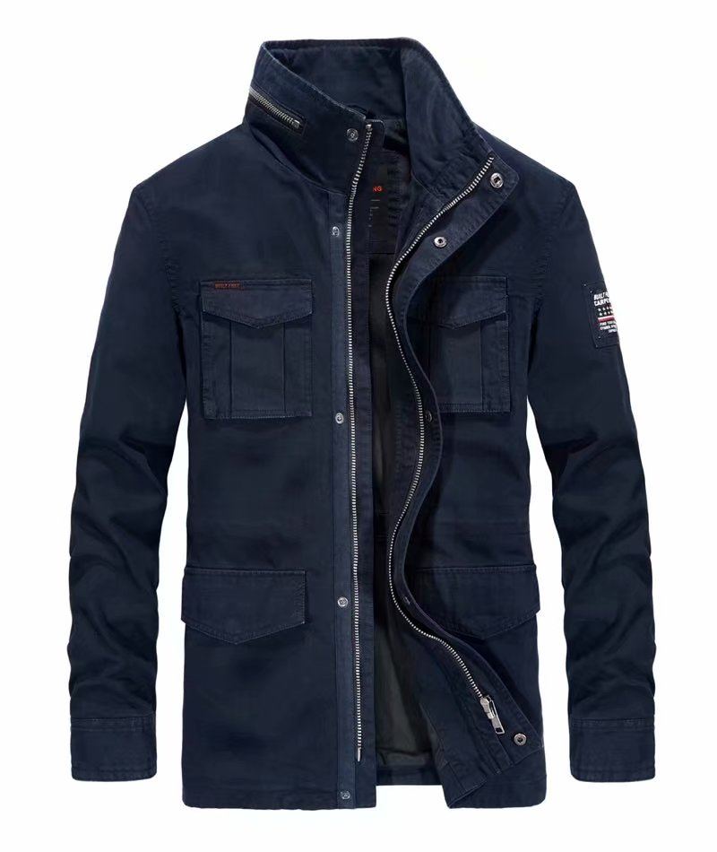 Vestes En Denim De Coton Pour Hommes Long Col Montant Manteau Décontracté Multi-poches Coupe-vent Militaire - 58171 Kaki