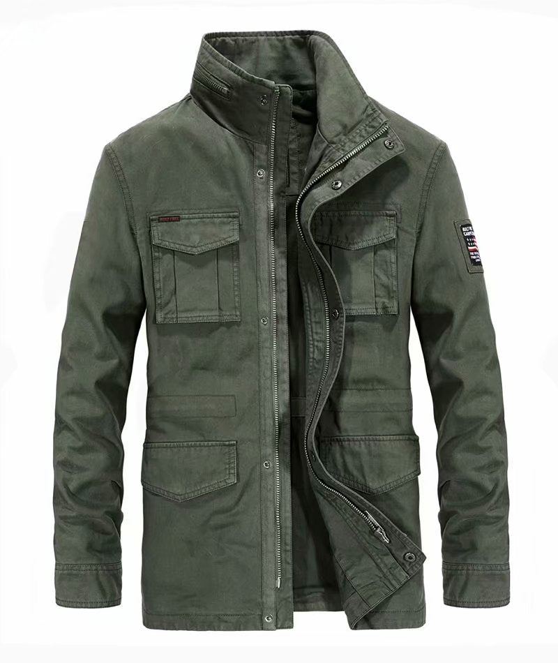 Vestes En Denim De Coton Pour Hommes Long Col Montant Manteau Décontracté Multi-poches Coupe-vent Militaire - 58171 Kaki