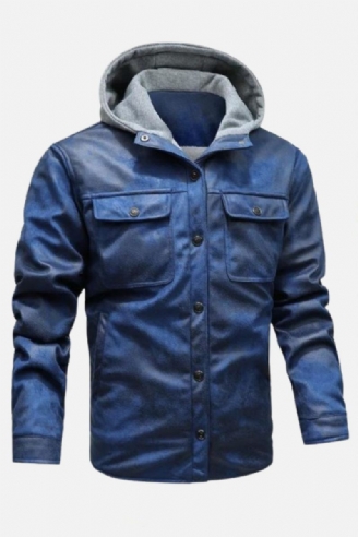 Vestes En Faux Cuir Pour Hommes Chapeau Tricoté Manteaux À Capuche Décontractés Avec Fermeture Éclair Jeunes Vêtements Chauds Doublés De Polaire Moto D'automne